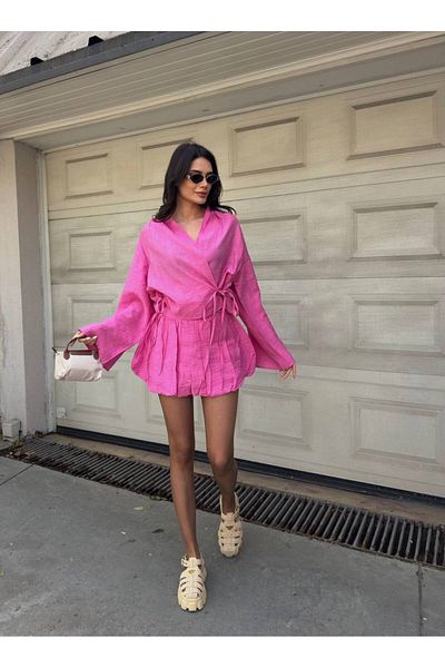 Stil Sepeti Women's Fuchsia Linen Laced Kimono Mini Shorts Set Tl- 100085300