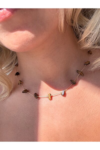 JEWELRY Zincirli Doğal Kaplangözü Taşı Kolye El Yapımı