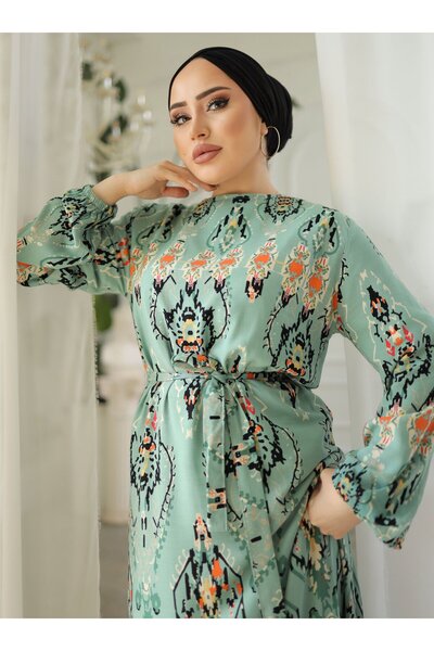 SAHRA BUTİK Green Viscose Dress - Ethnic Pattern and Belt - Field Boutique