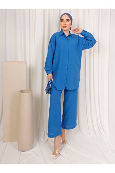 SAHRA BUTİK Μπλε Σετ Λινά - Sahtar Boutique, με Παντελόνι