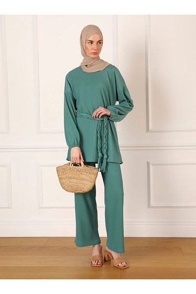 Refka Balloon Sleeve Tunic and Trousers Set - Belt Detailed - Çağla - Refka