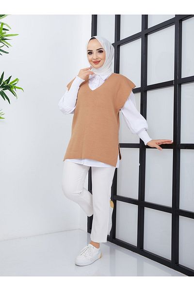 SAHRA BUTİK Beige V-Neck Knitwear Sweater - Sahra Butik
