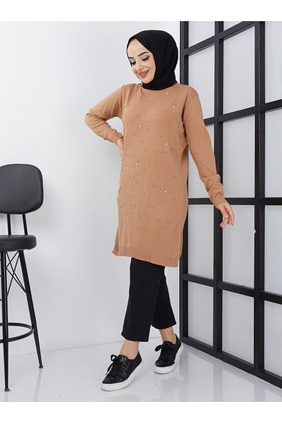 SAHRA BUTİK SERPME Pearl Knitwear Tunic - Μπισκότα - Sahara Boutique