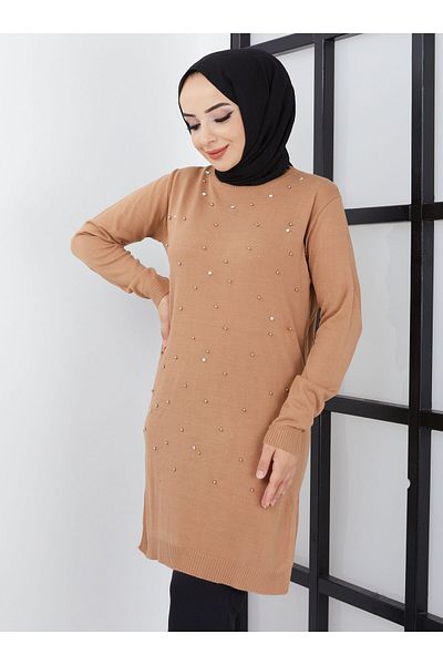 SAHRA BUTİK SERPME Pearl Knitwear Tunic - Μπισκότα - Sahara Boutique