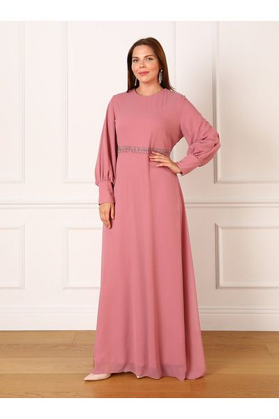 ALİA Βραδινό φόρεμα Dark Rose Plus Size με μπαλόνι μανίκι και λεπτομέρεια από πέτρα - Alia