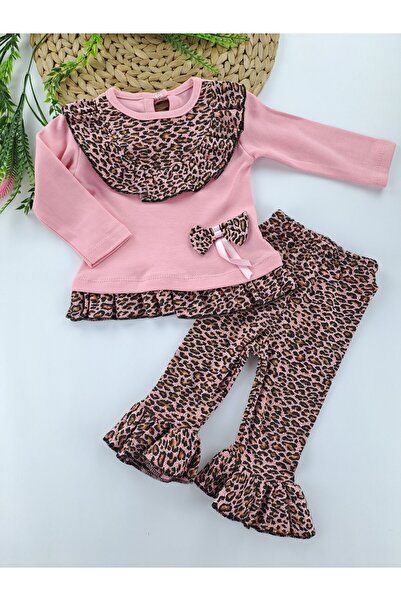 Butik Kız Bebek / Çocuk Leopar Detaylı İkili Takım Mevsimlik İspanyol Paça Tayt