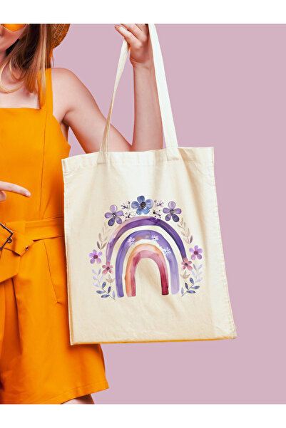 Cemira Çiçek Gökkuşağı Y2K Retro Ham Bez Tote Bag Çanta, Pinterest Çanta