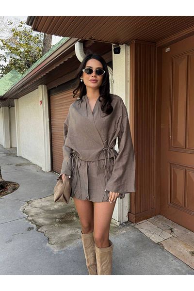 Stil Sepeti Women's Mink Linen Lace Kimono Mini Shorts Balloon Skirt Set Tl-100085300