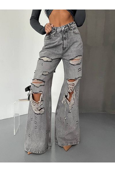 DENİKK TENDINȚE DESIGN SPECIAL PANTALONI PALAZZO JEAN DENIM DETAIL RUPIT CU PICIOARE LĂȚI