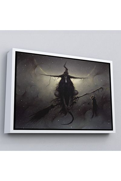 Harita Sepeti Pictură Vrăjitoare zburătoare pe o măturător cu cadru alb, Halloween vrăjitoare