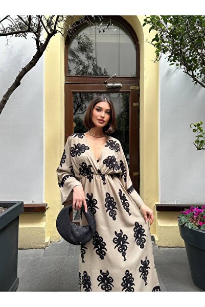 Lusin Γυναικείο Καλοκαιρινό Φόρεμα με λεπτομέρεια με σχισμή χακί με μανίκια με διπλό γιακά