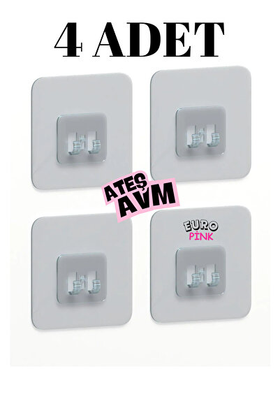 Euro Pink 4 Adet 7x7 Cm Süper Güçlü Yapışkanlı Banyo Askısı 4 Adet Sticker Ra...