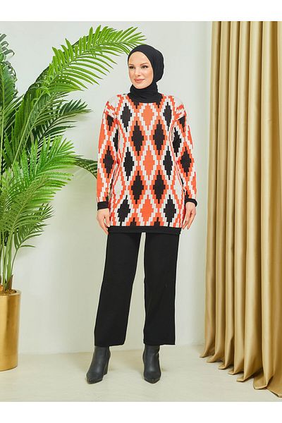 SAHRA BUTİK Saхра Boutique - Μαύρο πλεκτό σετ με ζιγκ-ζαγκ σχέδιο - με παντελόνι