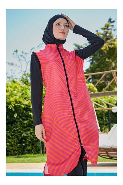 MAYOU Μαγιό Hijab με αφηρημένο σχέδιο με λικλάνι στους μανίκια - Μαύρο πορτοκαλί -