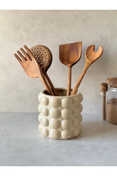 Dekorzdükkan Cream Ceramic Vase / Spoon Holder