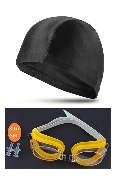 MUBX Set of 3 Pool Sea Swimming Goggles with Bonnet and Plug Uv Protection Swimming Set