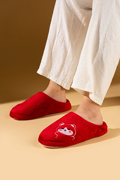 WMİLANO Women's Red Teddy Bear Patterned Comfortable Sole Winter Guest Slippe...