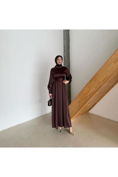 Aranlı tekstil Σατέν Φόρεμα Hijab με μανσέτες σε γραμμή Α με ζωσμένο ζωνάκι