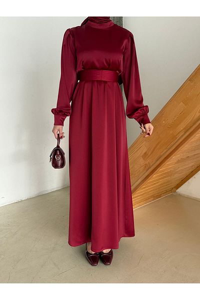 hacer ayaydın Σατέν Φόρεμα Hijab με μανσέτες σε γραμμή Α με ζωσμένο ζωνάκι