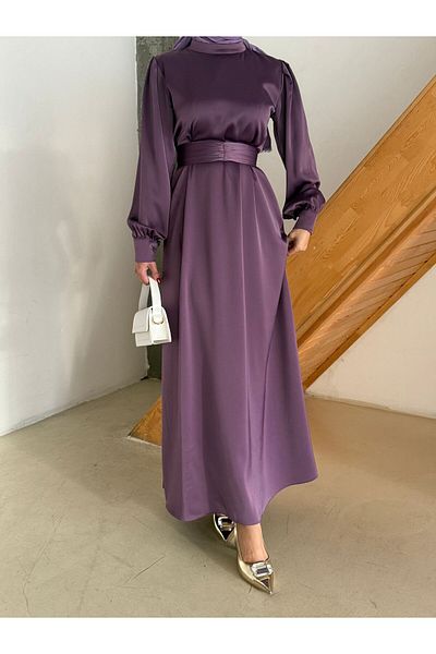 hacer ayaydın Σατέν Φόρεμα Hijab με μανσέτες σε γραμμή Α με ζωσμένο ζωνάκι