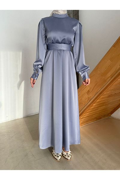 Aranlı tekstil Σατέν Φόρεμα Hijab με μανσέτες σε γραμμή Α με ζωσμένο ζωνάκι