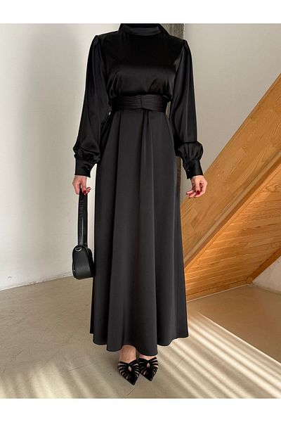 Aranlı tekstil Σατέν Φόρεμα Hijab με μανσέτες σε γραμμή Α με ζωσμένο ζωνάκι