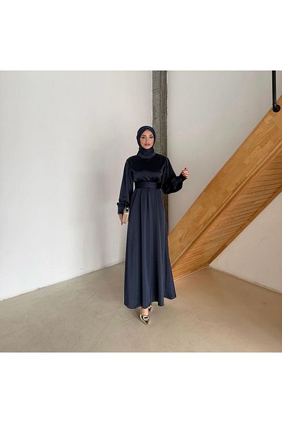 Aranlı tekstil Σατέν Φόρεμα Hijab με μανσέτες σε γραμμή Α με ζωσμένο ζωνάκι