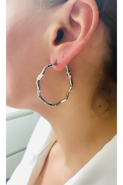 VNS Accessories Zigzag Model Rodyum Kaplama Halka Küpe (4 CM)