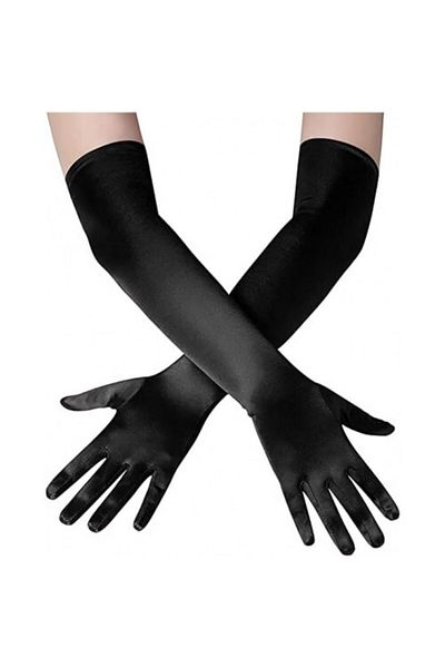 UZAY ONLİNE Long Size Extra Shiny Satin Gloves Black Color