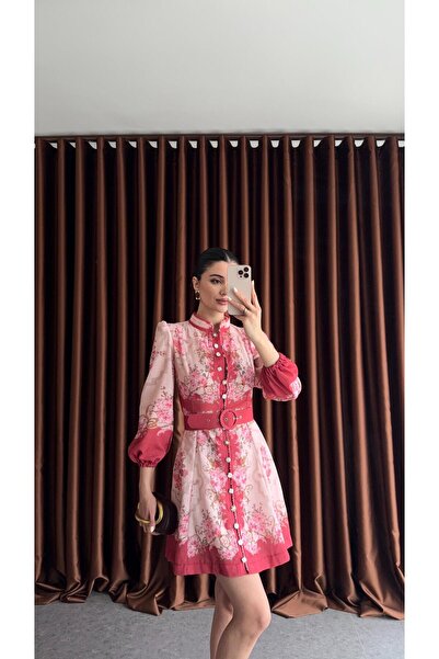 HAZELANNA Vintage Çiçek Desenli Kemerli Mini Elbise