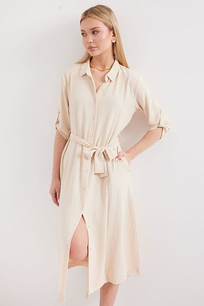 modaserdem 2442 Belted Shirt Dress - Cream