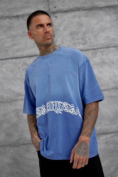 NOMARC Tricou oversize lavabil cu imprimeu cu text albastru