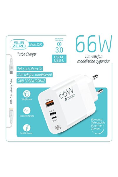 Subzero SG90 66W Usb+PD+Ligtning Girişli Turbo Şarj Aleti Tüm telefon modelleri için uygundur