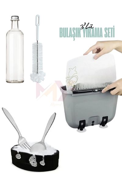 Myend 3-Piece Dishwashing Set, Plate & Fork Spoon & Bottle Washing Brush, Portable Water Saving Dish Set