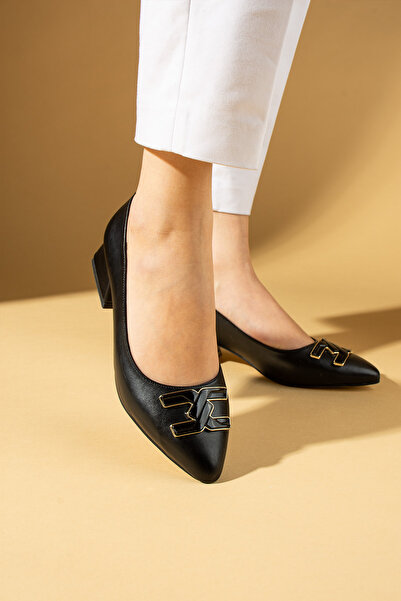 Pembe Potin Women's Black New Season Buckle Classic Short Heeled Shoes