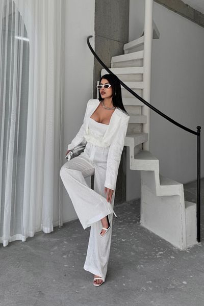 gelirr Jacquard Blouse Design Detailed Jacket-Pants-Blouse 3 Piece Set - White