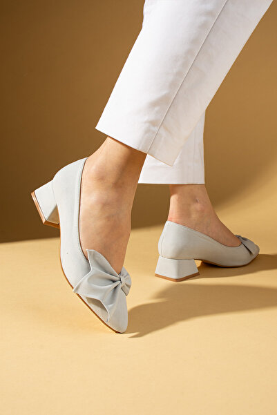 Pembe Potin Gray Satin Bow Short Heel Graduation Office Classic Heeled Stiletto Shoes