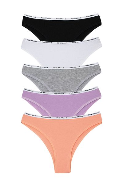 pink mood Colorful Cotton Brazilian Panties with Elastic Waistband Pack of 5