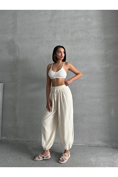 BEJNA Women's Beige Pocket Muslin Fabric Shalwar Trousers