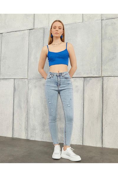 geenz manifacture Blugi skinny cu talie înaltă, albastru gheață, cu detalii cu laser