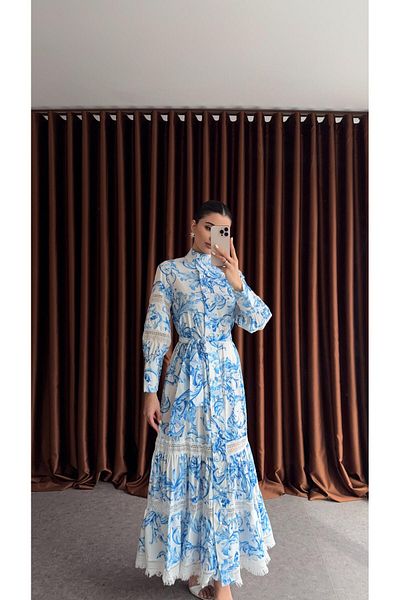 HAZELANNA Blue Maxi Dress with Lace Detail