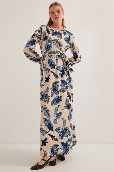 modaserdem Blue cream patterned knitted hijab dress 1525