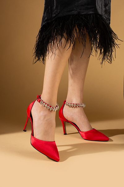 Pembe Potin Red Satin Stone Banded Graduation Office Evening Dress Night Stylish Heeled Shoes