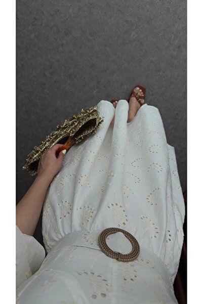 HAZELANNA Brode Detaylı Kemerli Beyaz Elbise