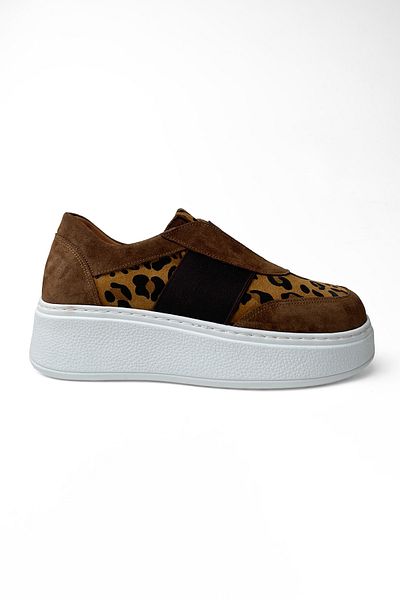 RABU Pantofi sport casual de zi cu zi, cu talpă înaltă, din piele naturală, cu leopard, de culoare cafenie