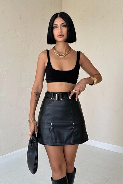 MRA Fashion Mini Leather Skirt with Black Belt