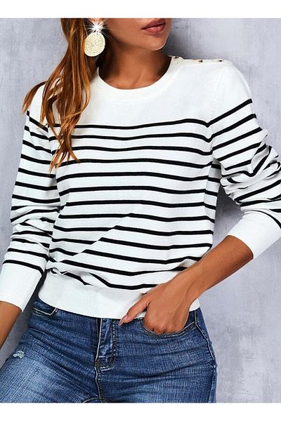 MRA Fashion Women's Long Sleeve Shoulder Button Detail Striped Knitwear Sweater