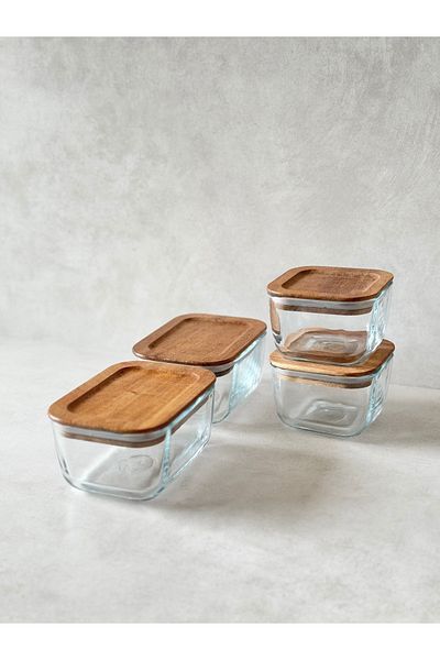 Dekorzdükkan 4-Piece Acacia Vacuum Lid Square / Rectangular Breakfast
