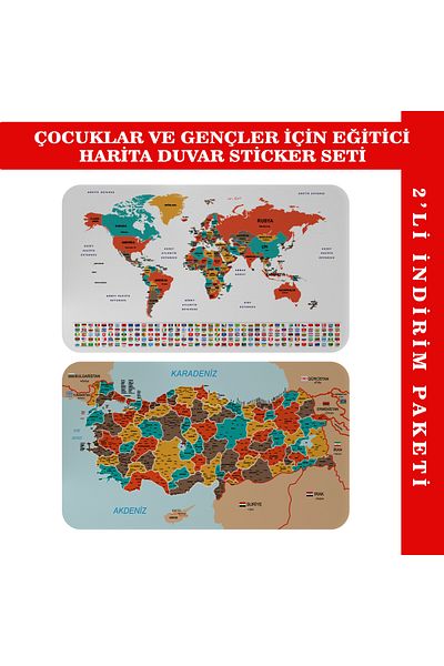 Harita Sepeti Educational Tutorial World And Turkey Map Children's Room Wall Sticker-3886