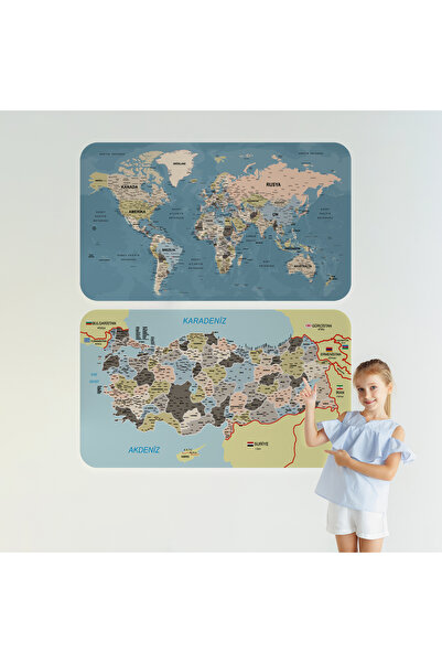 Harita Sepeti Educational Tutorial World And Turkey Map Children's Room Wall Sticker-3889